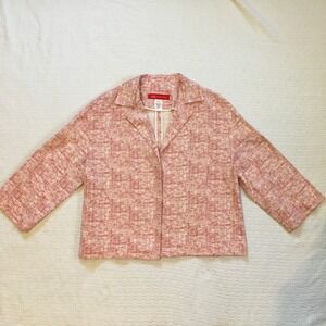 ANNE KLEIN Womens 3/4 Sleeve Tweed Blazer Pink Cream Open Front Size L
